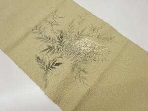 作家物　手織り紬手描き金彩花葉に唐草模様名古屋帯